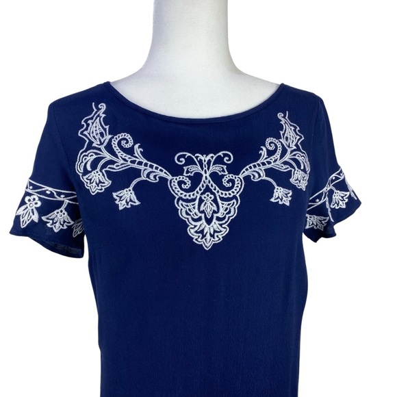 Lulu’s Navy Blue Dress Women’s Size S White Embroidery Lined Mini Short Sleeve - Picture 10 of 13
